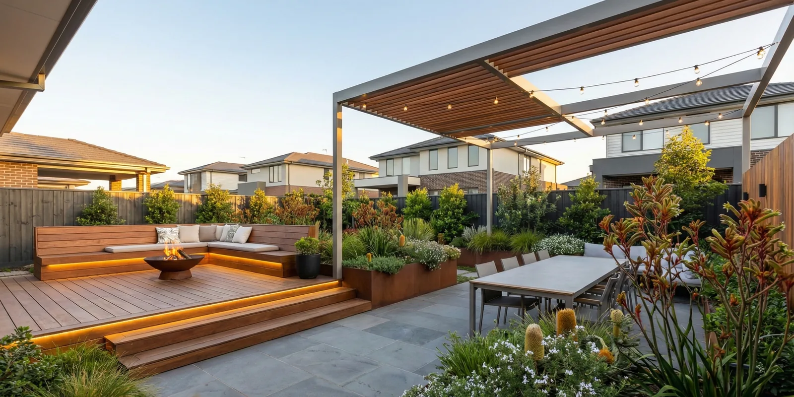 Backyard layout design for outdoor entertaining with deck and pergola